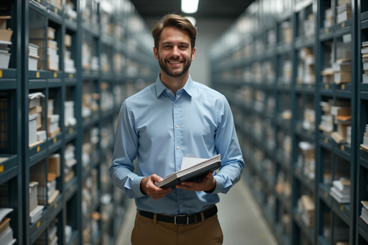 Jeune homme consultant en archivage avec scanner dans un local