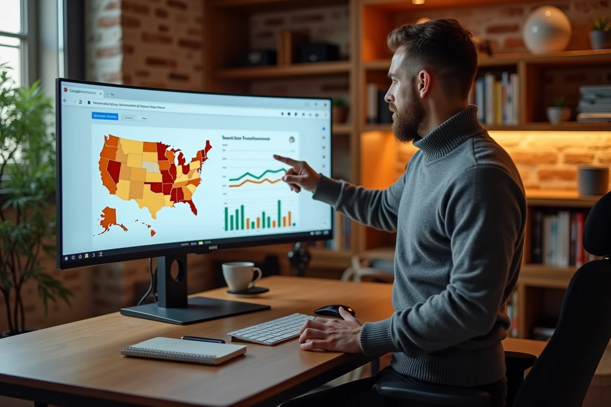 Consultant SEO debout analysant Google Trends USA avec une carte de chaleur des recherches américaines