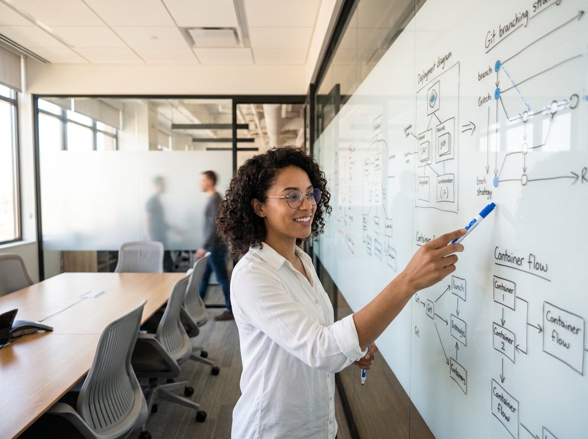 Consultante DevOps présentant une architecture logicielle sur un tableau blanc dans une salle de réunion de startup technologique