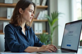 Femme contractuelle de l'Éducation nationale accédant à son webmail académique de Rennes sur un ordinateur portable dans un bureau universitaire