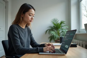 Femme travaillant sur la conversion d'octets de fichiers volumineux sur un ordinateur portable dans un bureau moderne