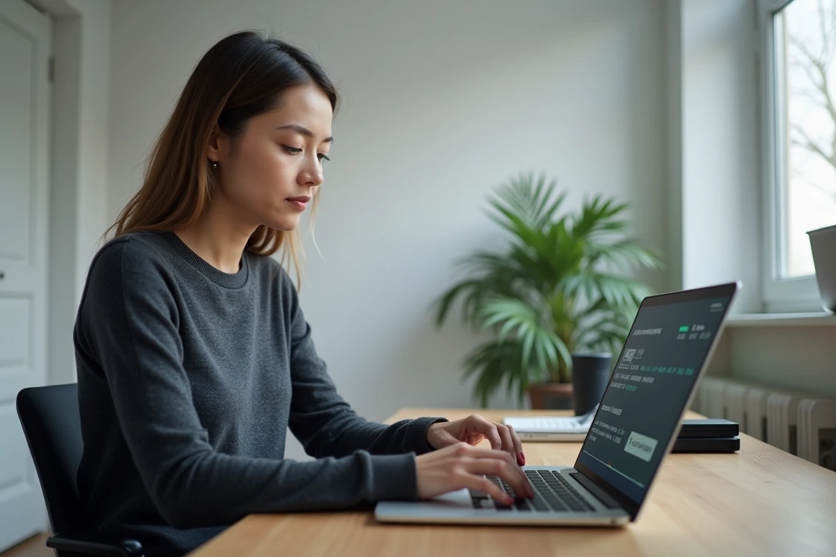 Femme travaillant sur la conversion d'octets de fichiers volumineux sur un ordinateur portable dans un bureau moderne