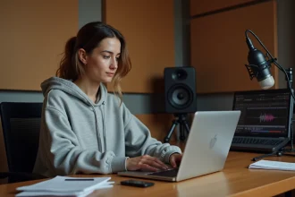 Jeune femme convertissant de l'audio YouTube en fichier WAV sur son ordinateur portable dans un home studio