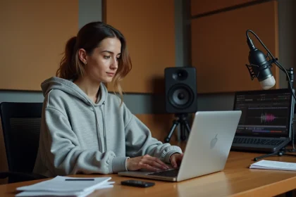 Jeune femme convertissant de l'audio YouTube en fichier WAV sur son ordinateur portable dans un home studio