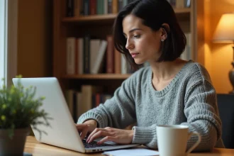 Femme utilisant un correcteur orthographique en français sur son ordinateur portable dans un bureau à domicile