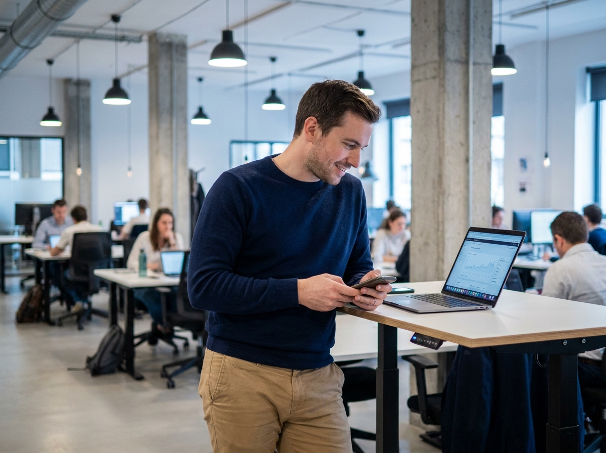 Créateur de contenu masculin analysant des données de réseaux sociaux dans un espace de coworking moderne