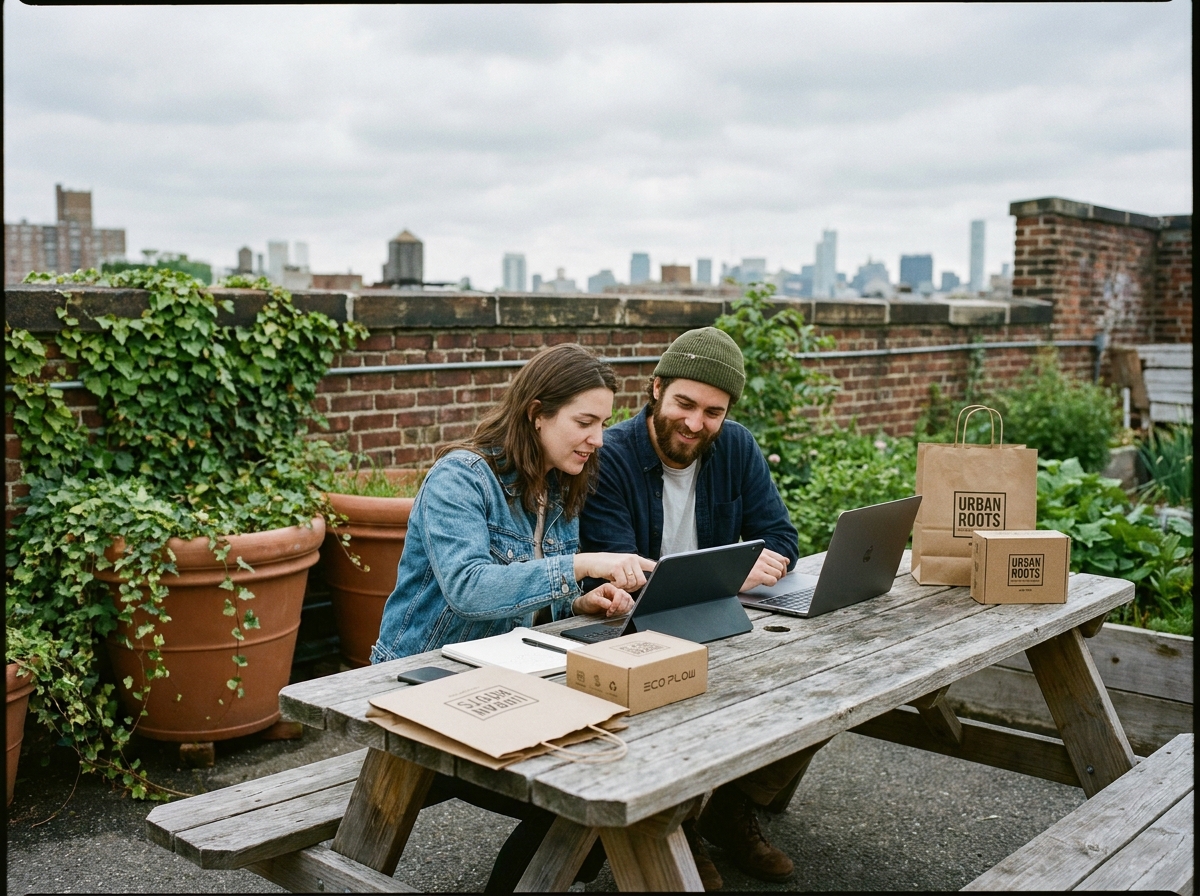 Deux créateurs de contenu collaborant en extérieur sur une terrasse urbaine avec des produits de marque