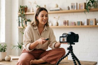 Créatrice de contenu filmant une vidéo dans un studio maison minimaliste pour une marque partenaire