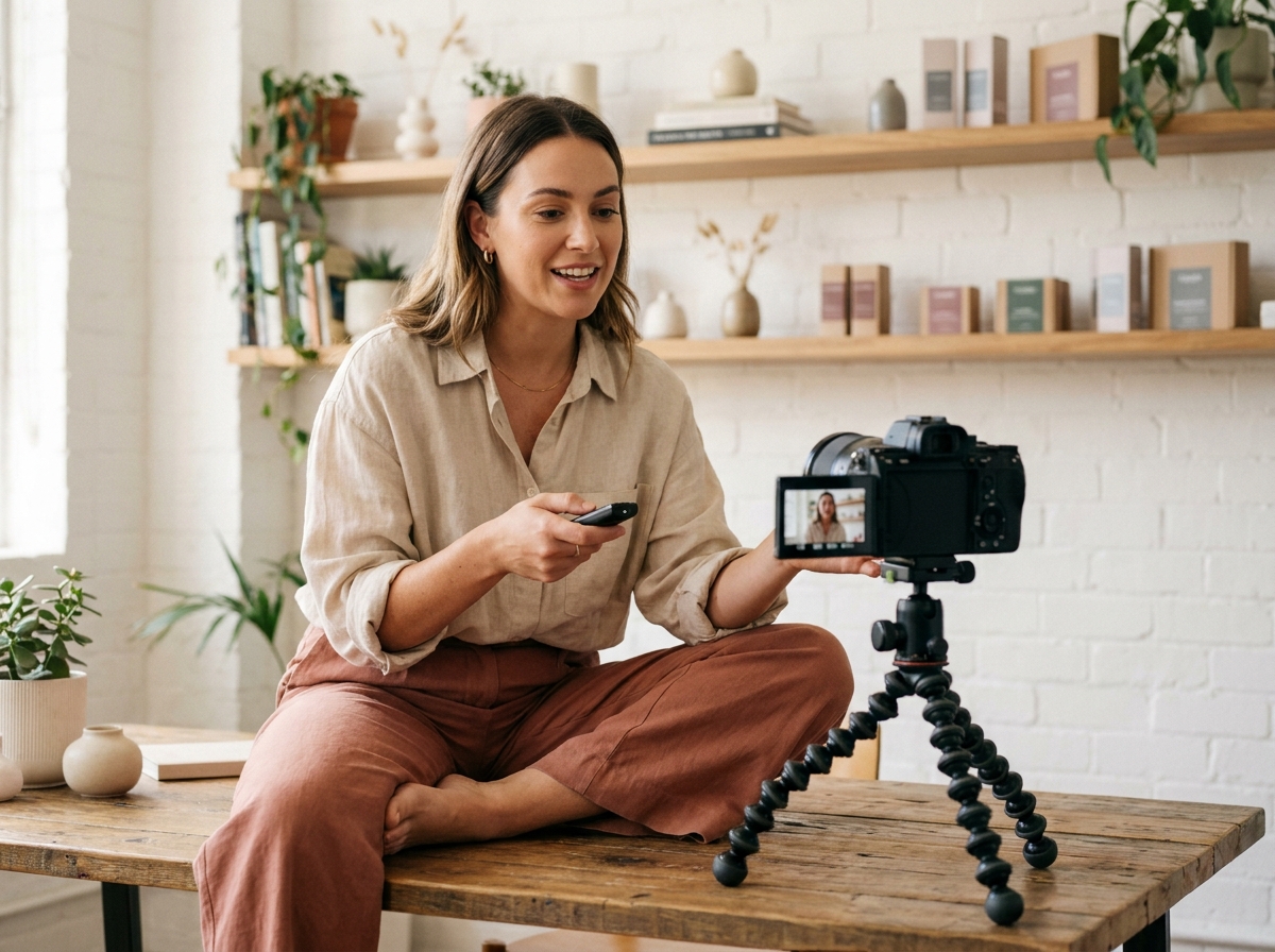 Créatrice de contenu filmant une vidéo dans un studio maison minimaliste pour une marque partenaire