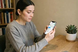 Femme utilisant Messenger sur smartphone pour créer un sondage dans une conversation de groupe