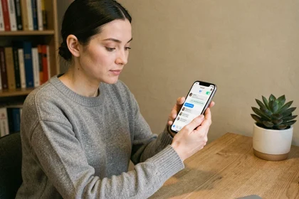 Femme utilisant Messenger sur smartphone pour créer un sondage dans une conversation de groupe