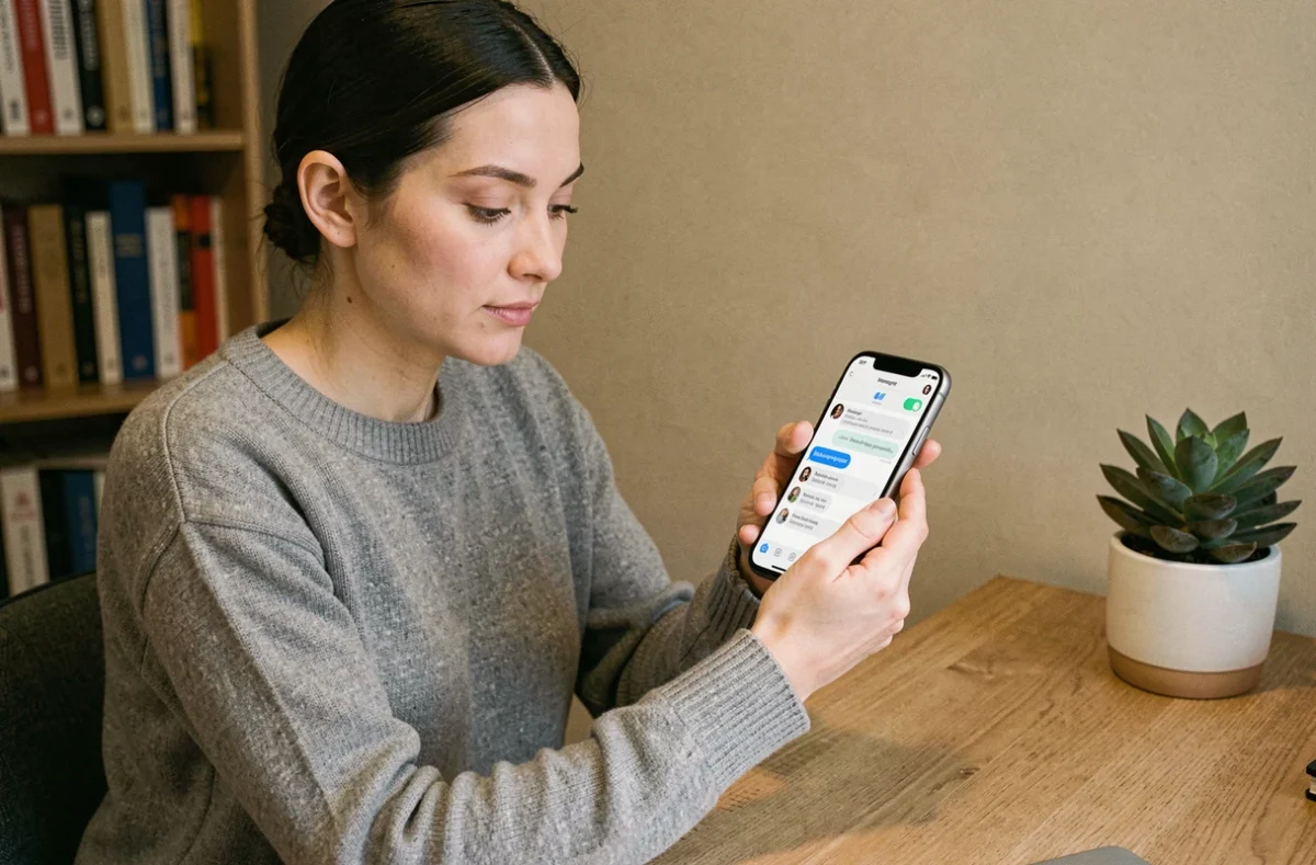 Femme utilisant Messenger sur smartphone pour créer un sondage dans une conversation de groupe