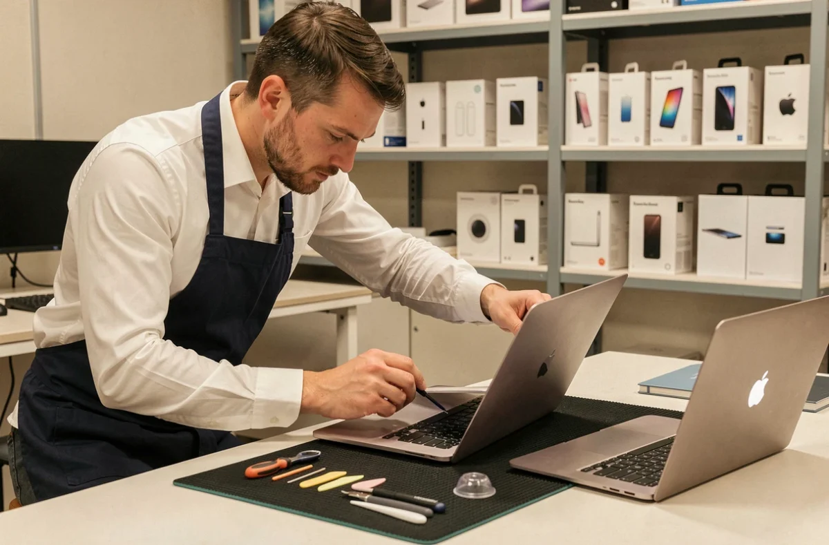 Technicien Apple remplaçant l'écran d'un MacBook Pro dans l'atelier Dep'Info à Mulhouse