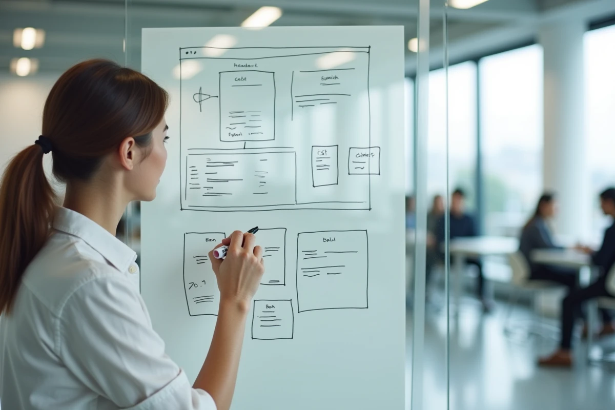 Designer UX féminine pointant des wireframes de structure de site web sur un tableau blanc dans un bureau d'agence moderne