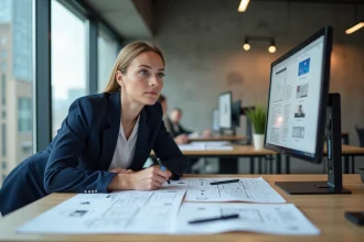 Designer web en agence travaillant sur des maquettes de site internet pour un client, bureau professionnel moderne