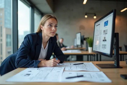 Designer web en agence travaillant sur des maquettes de site internet pour un client, bureau professionnel moderne