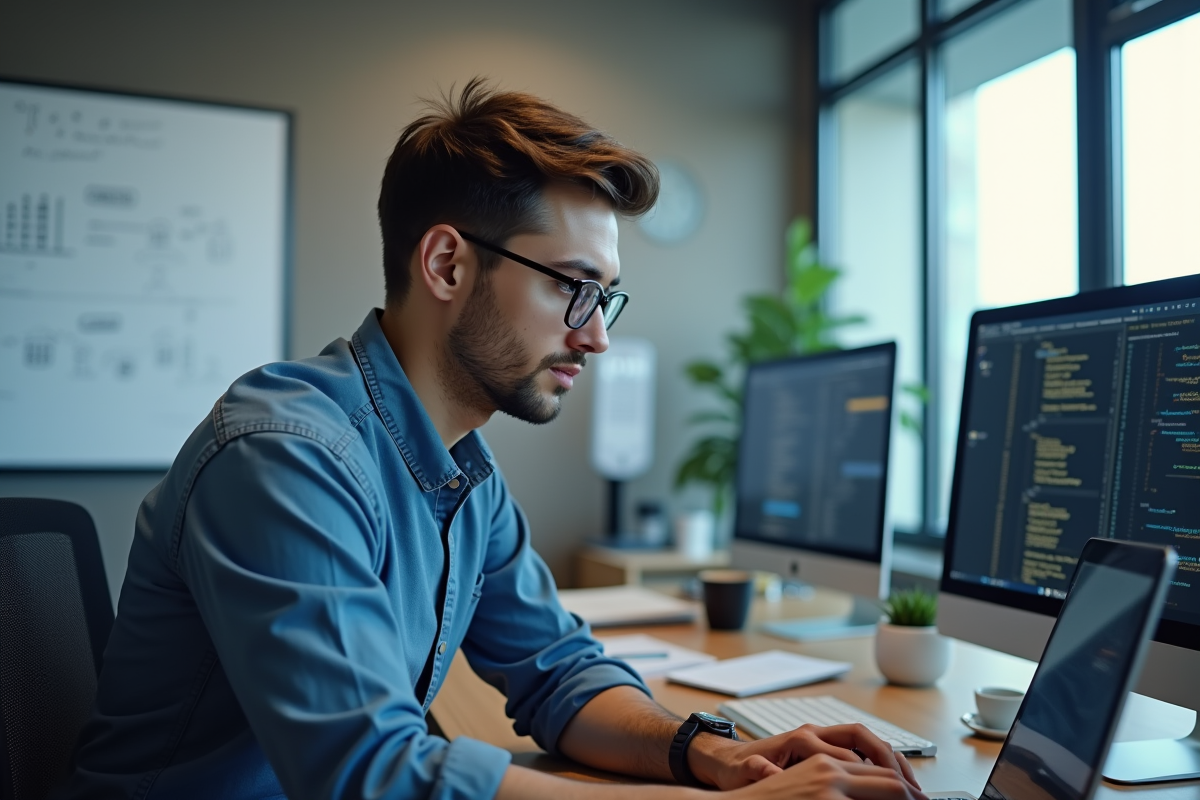 Ingénieur logiciel concentré dans un bureau moderne