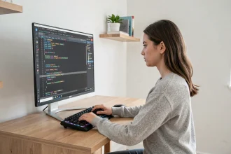 Développeuse web ajustant des propriétés CSS de centrage dans un éditeur de code sur un grand écran de bureau