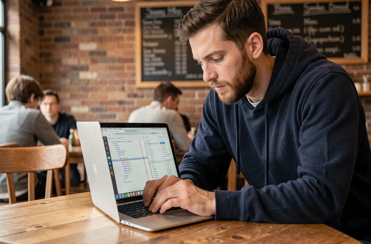 Développeur web travaillant sur du code CSS dans un café avec un laptop affichant des propriétés de centrage flexbox