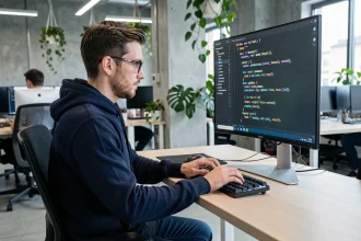 Développeur Python concentré qui code avec des annotations de type Dict sur un écran ultrawide dans un open-space moderne