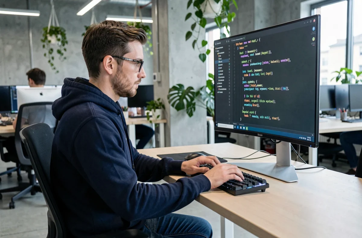 Développeur Python concentré qui code avec des annotations de type Dict sur un écran ultrawide dans un open-space moderne