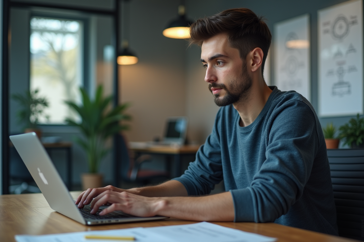 Jeune développeur web concentré devant son ordinateur