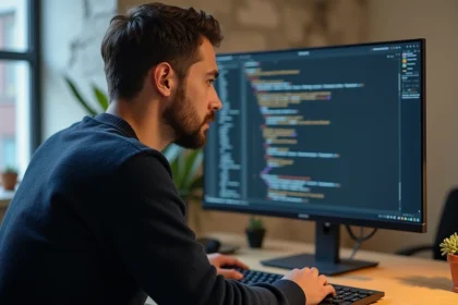 Développeur web masculin en pull marine travaillant sur la structure HTML d'un site vitrine devant un écran ultrawide avec du code coloré