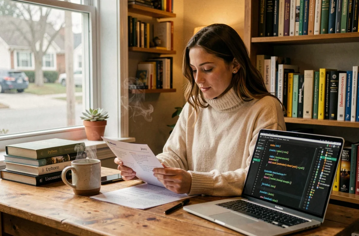 Développeuse étudiant le typage Python avec le module typing et des annotations Dict dans un bureau à domicile chaleureux
