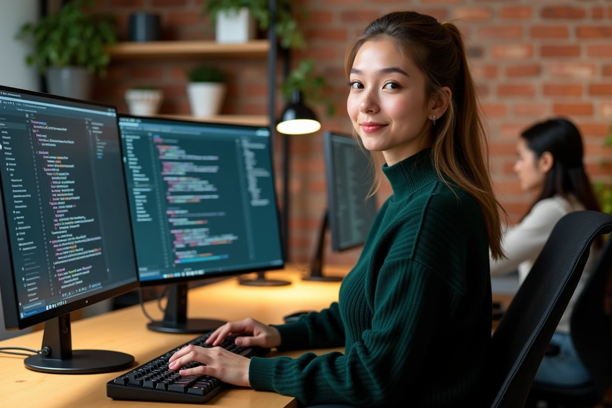 Développeuse web en agence digitale codant un site internet professionnel sur double écran dans un studio moderne
