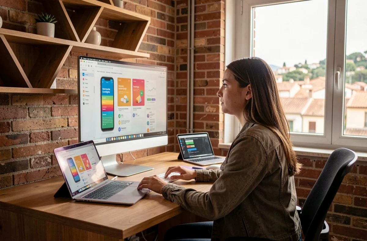 Développeuse d'applications mobiles travaillant sur des maquettes UI dans un studio créatif à Perpignan