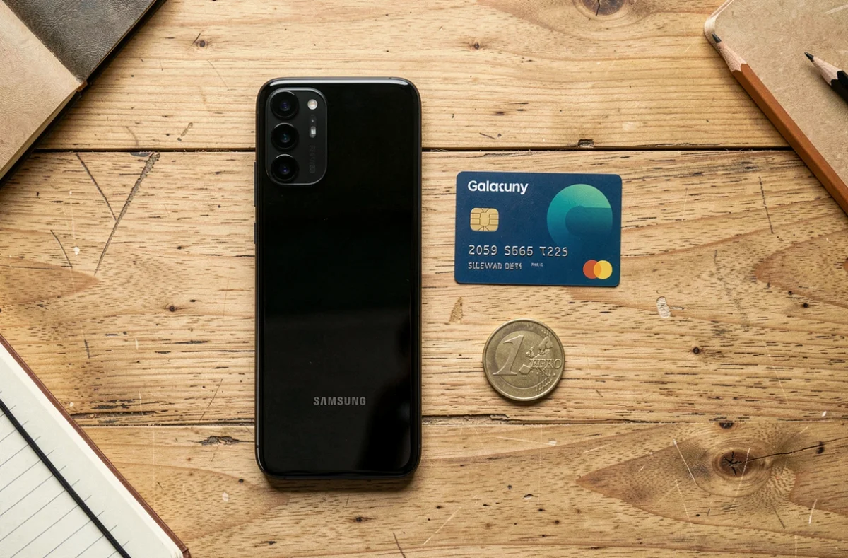 Vue du dessus d'un Samsung Galaxy S22 posé à côté d'une carte bancaire et d'une pièce de monnaie pour comparaison de taille sur une table en bois