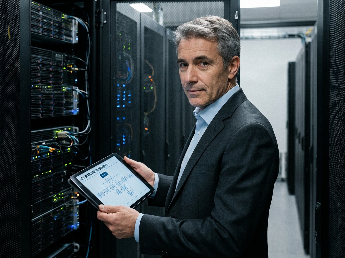 Directeur informatique examinant la feuille de route d'intégration d'un ERP sur mesure dans une salle des serveurs
