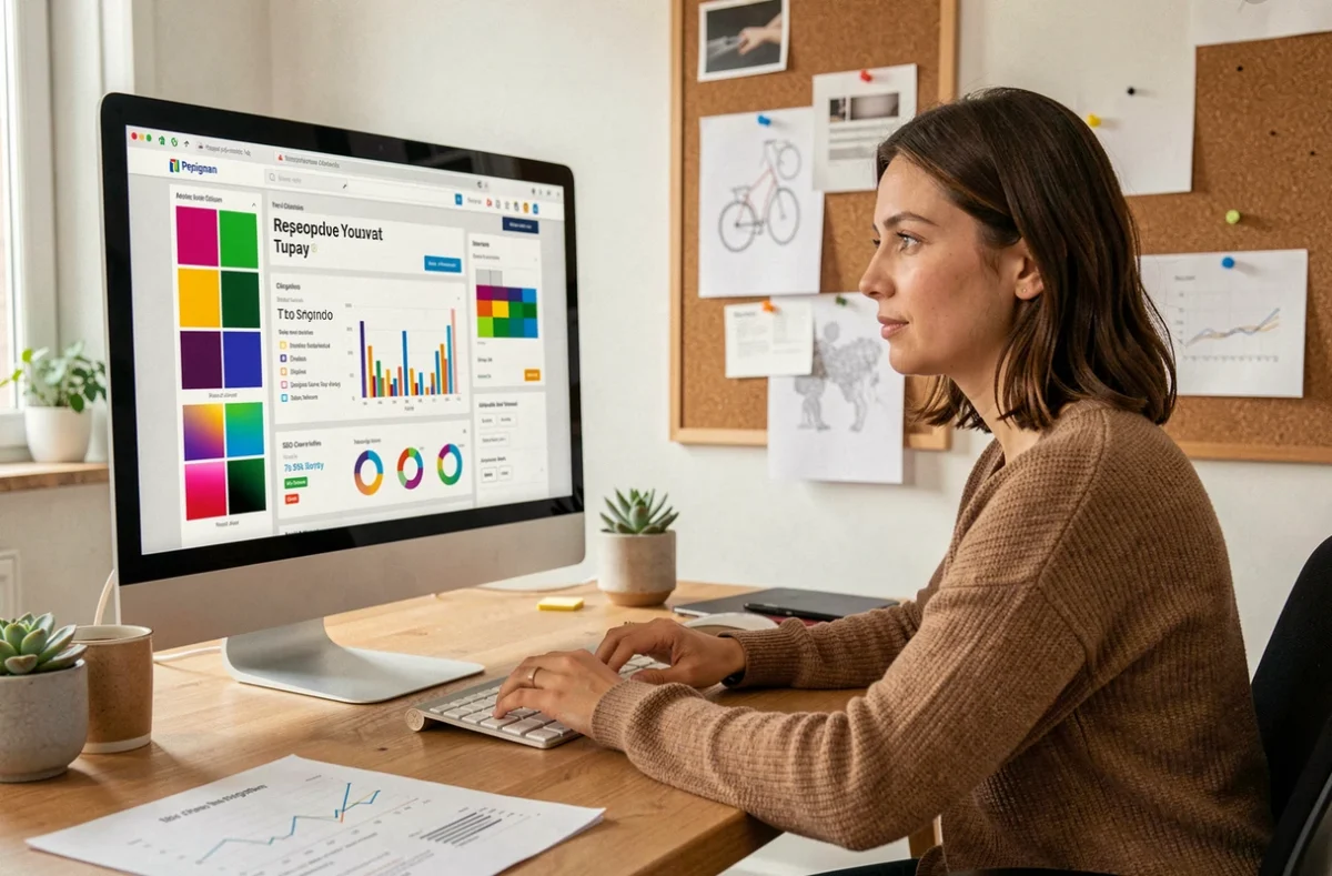 Web designer travaillant sur des maquettes et des données de référencement dans un studio de webdesign à Perpignan