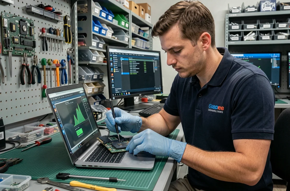 Technicien du Docteur Ordinateur réparant la carte mère d'un ordinateur portable en atelier