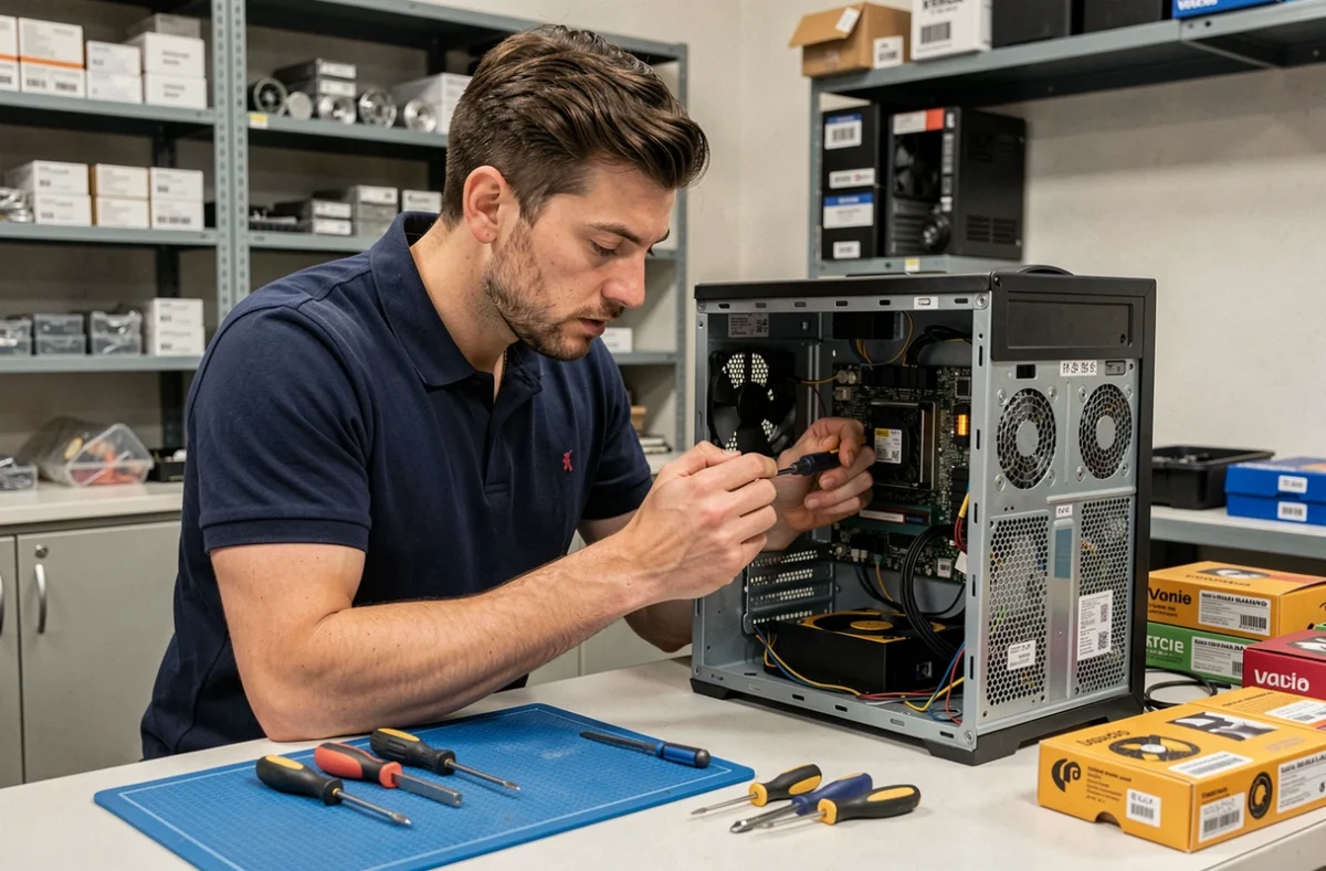 Technicien informatique réparant un ordinateur de bureau dans un atelier de dépannage à Perpignan