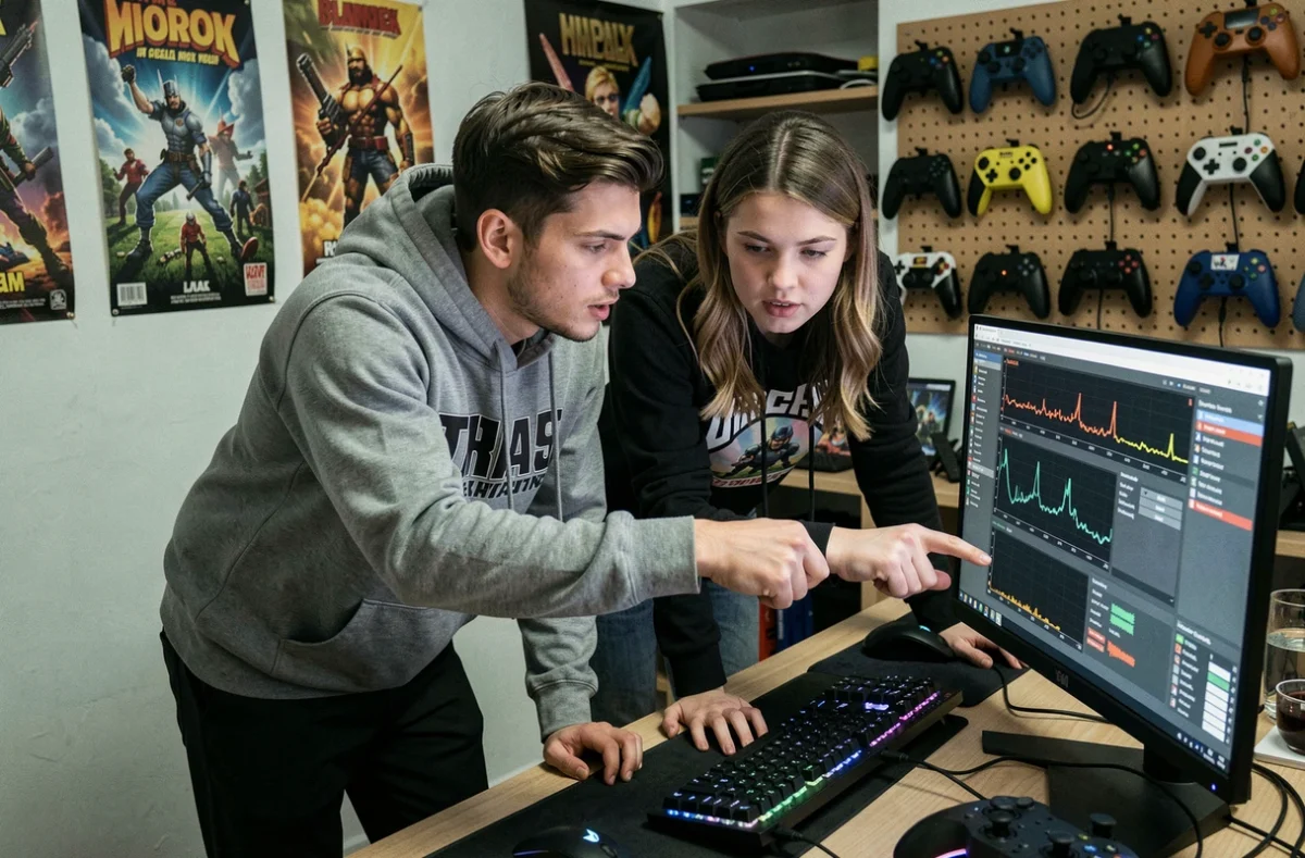 Deux personnes analysant ensemble les paramètres de performance d'un émulateur dans une salle de jeux rétro