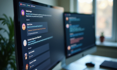 Moniteur affichant un chat Discord dans un bureau lumineux
