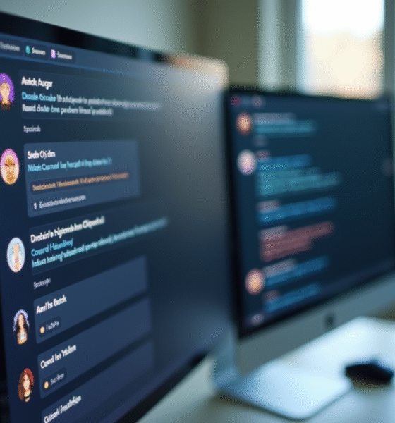 Moniteur affichant un chat Discord dans un bureau lumineux