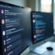 Moniteur affichant un chat Discord dans un bureau lumineux