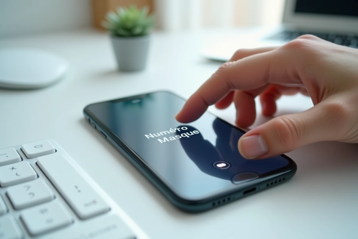 Écran de smartphone affichant un message envoyé en numéro masqué sur un bureau