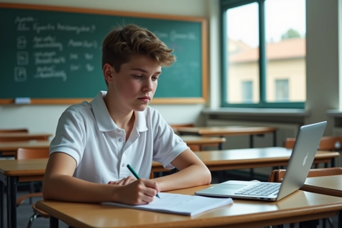 Élève effectuant ses devoirs dans une salle de classe avec un ordinateur portable scolaire ouvert