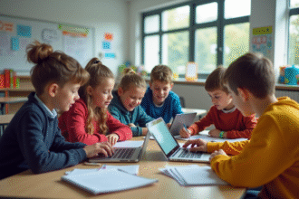 Groupe d'élèves de collège en classe moderne