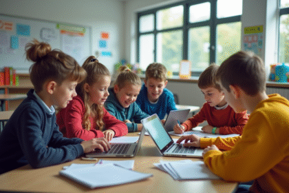 Groupe d'élèves de collège en classe moderne