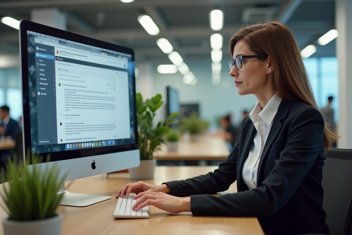 Employée administrative utilisant le webmail Versailles sur son ordinateur dans un bureau universitaire moderne
