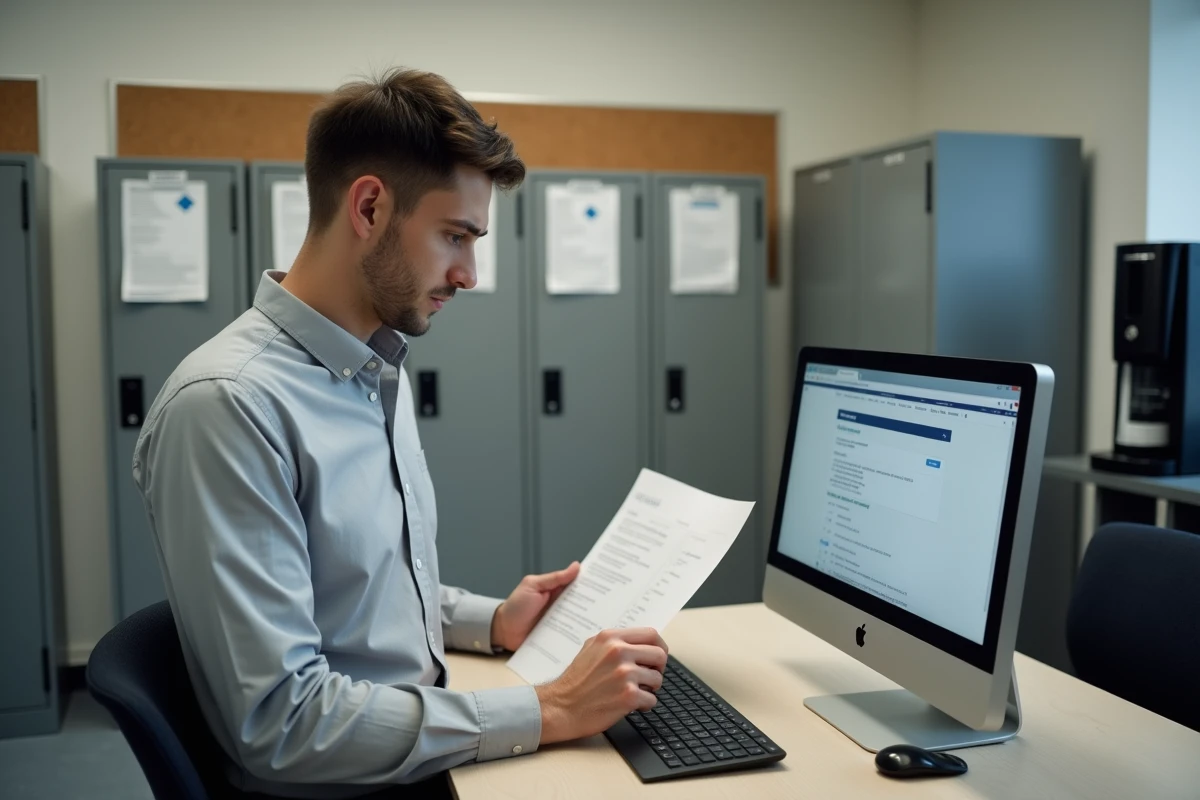 Enseignant contractuel consultant un guide d'utilisation du webmail académique de Rennes dans une salle des professeurs