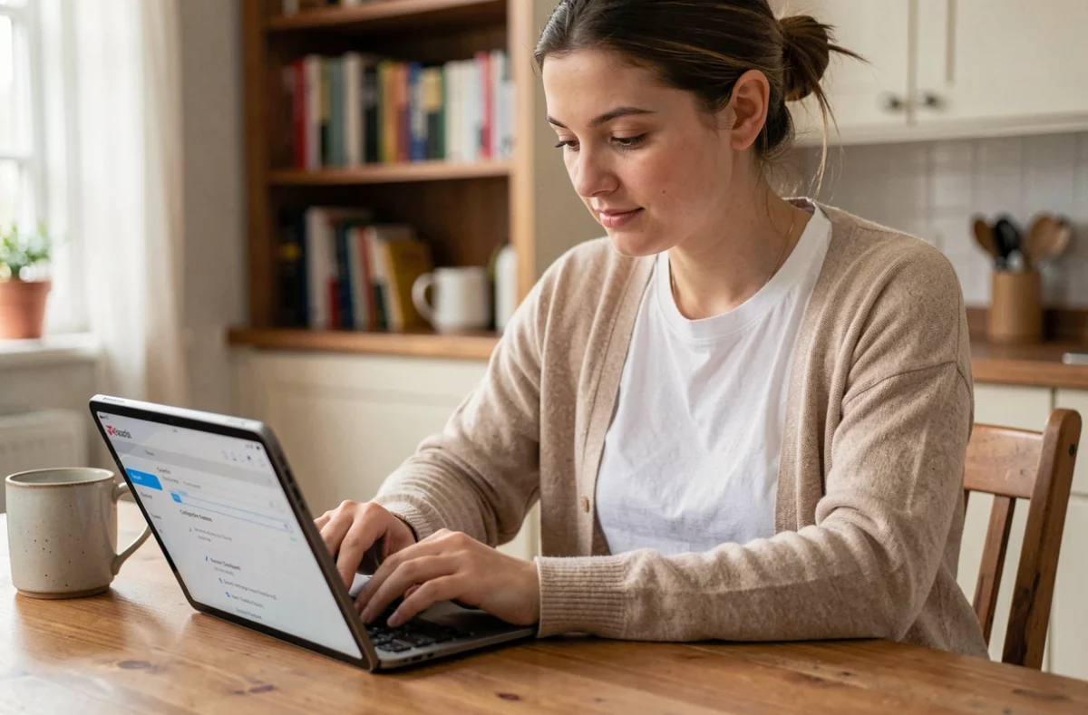 Enseignante configurant son adresse webmail Dijon sur une tablette depuis son domicile avec un guide imprimé
