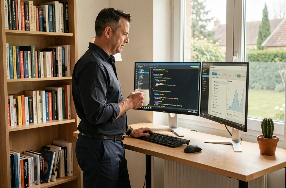 Consultant informatique indépendant Epansang Luc Igor travaillant sur du code dans son bureau à domicile