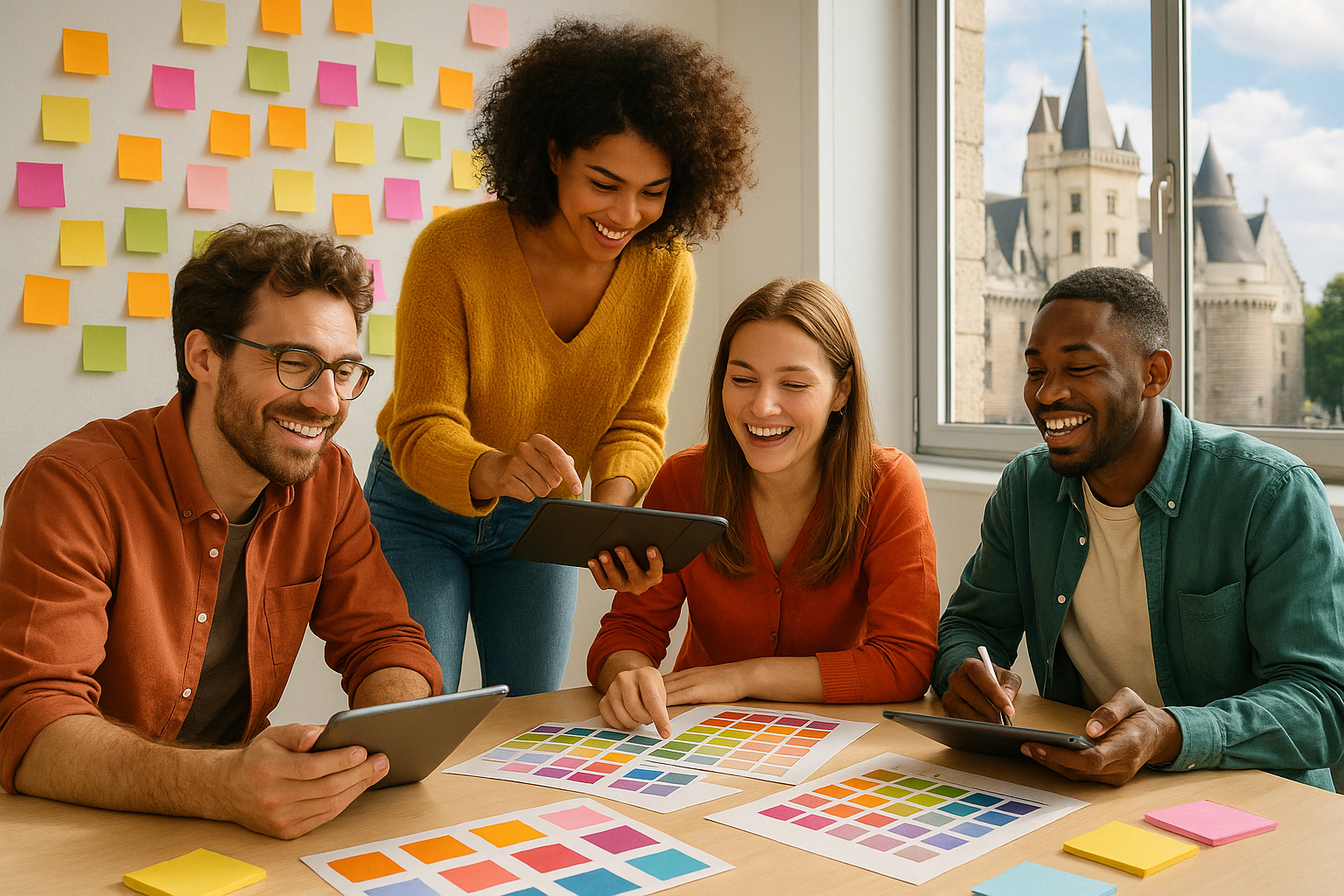 Groupe créatif en réunion avec tablettes et moodboards à Nantes