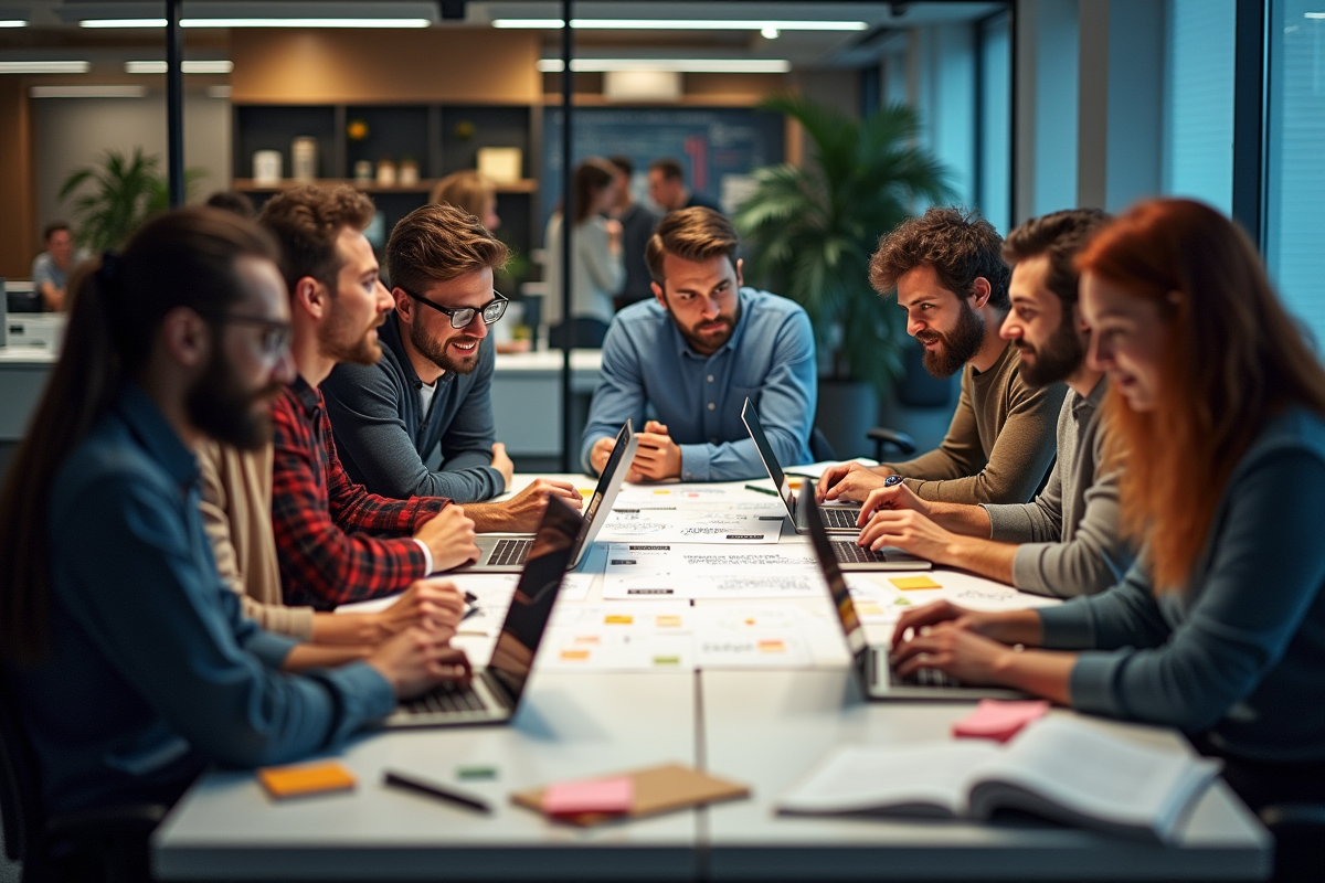 Groupe de programmeurs divers travaillant ensemble avec diagrammes et livres
