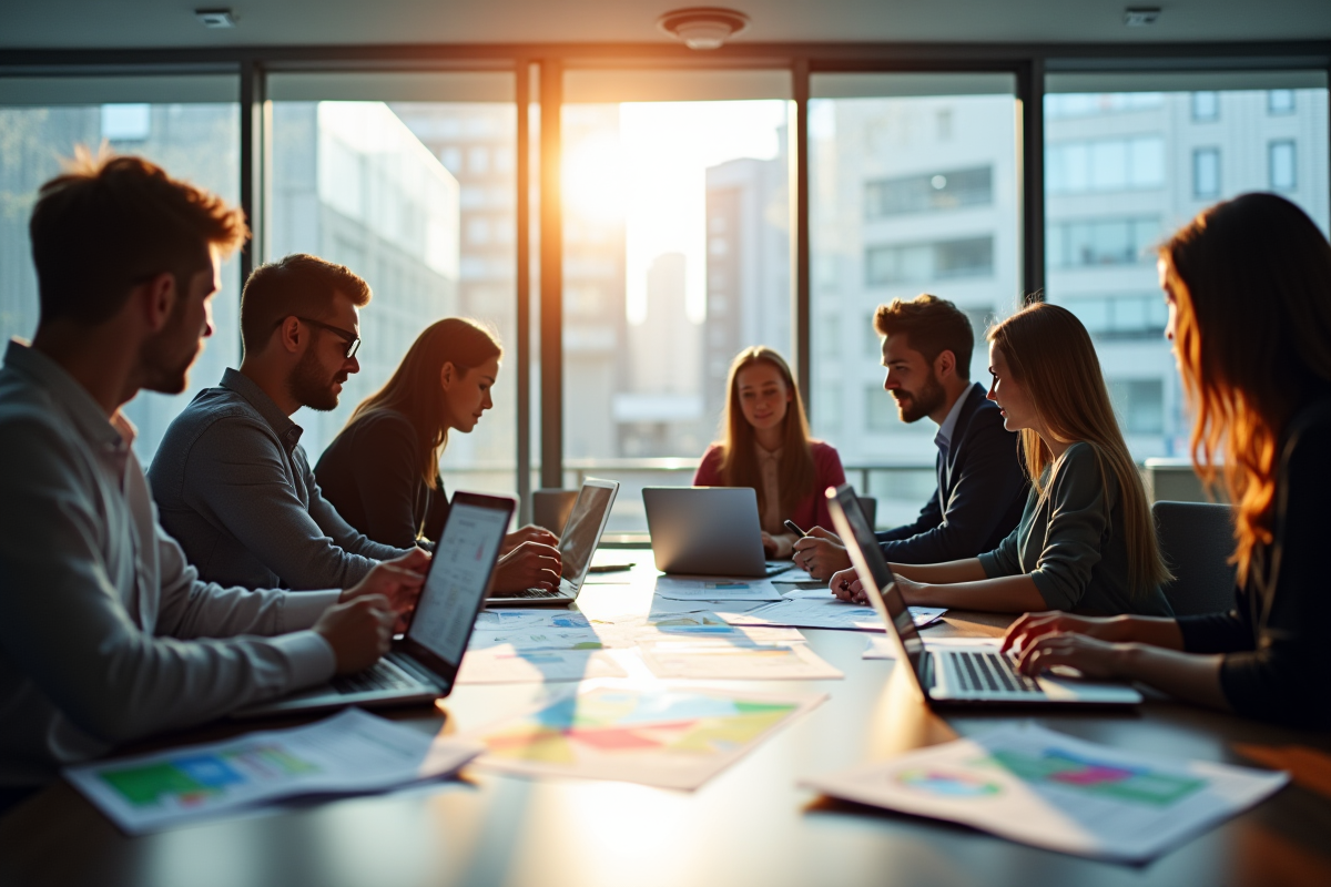 Équipe diversifiée analysant des données dans un bureau lumineux
